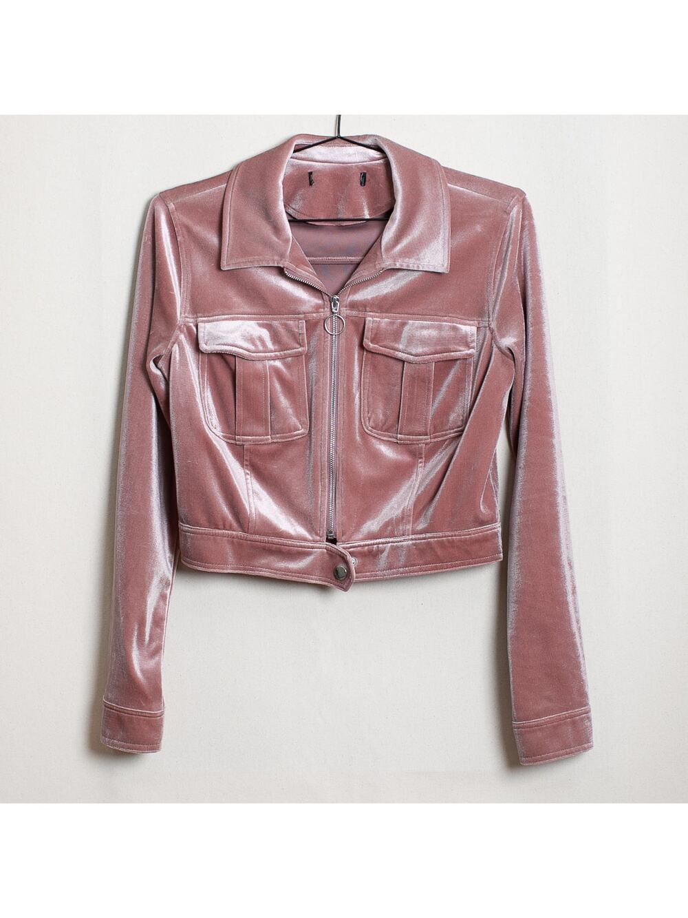Pink Velvet Crop Jacket Zip Front Snap Cuff Dual Pockets S/M 90s Y2K Style